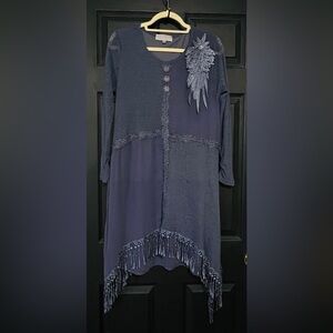 Pretty Angel Navy Patchwork Fringe Dress with Floral Applique